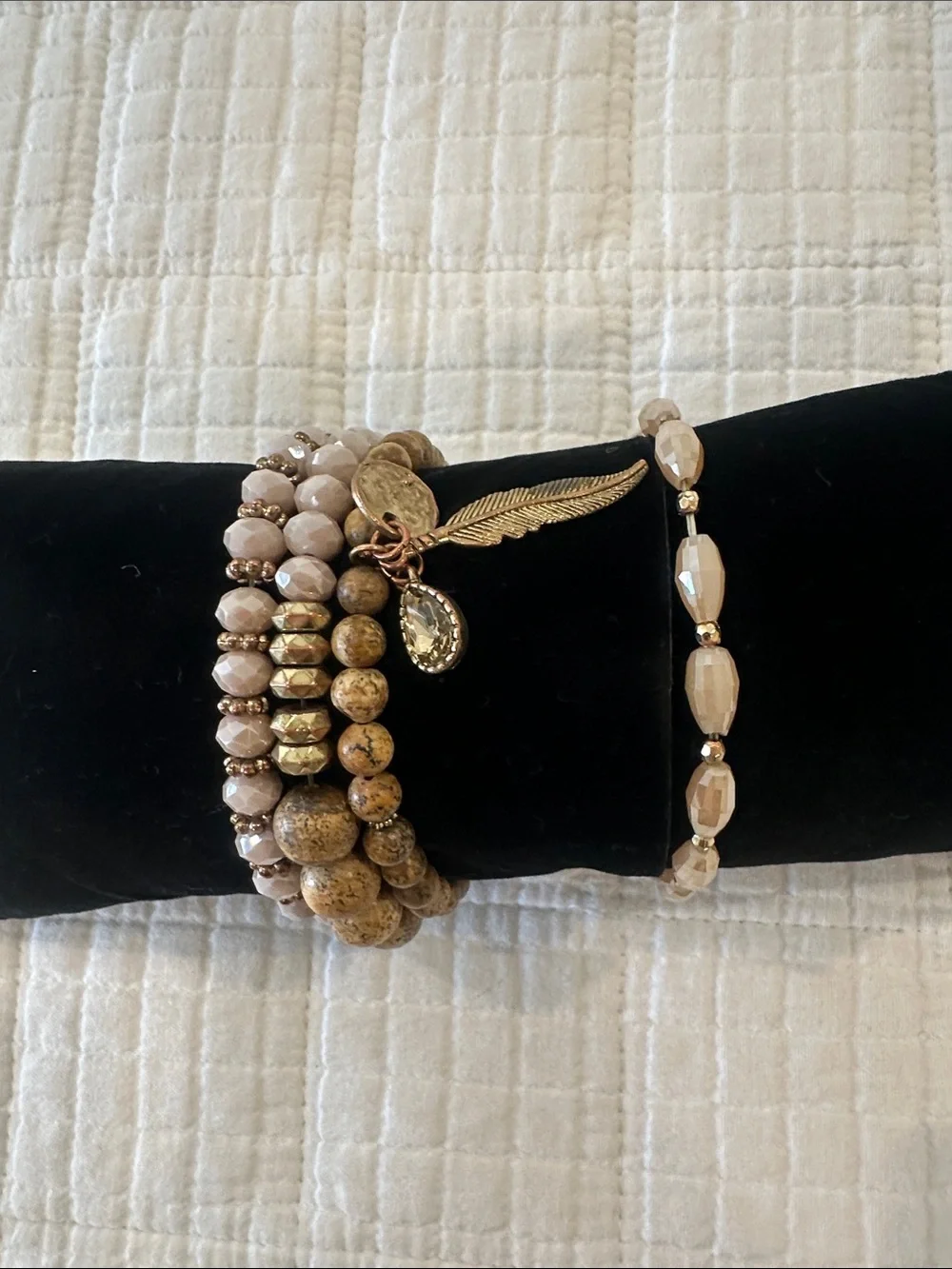 Neutral Stone and Faceted Bead Stack Bracelet with Gold Feather Charm